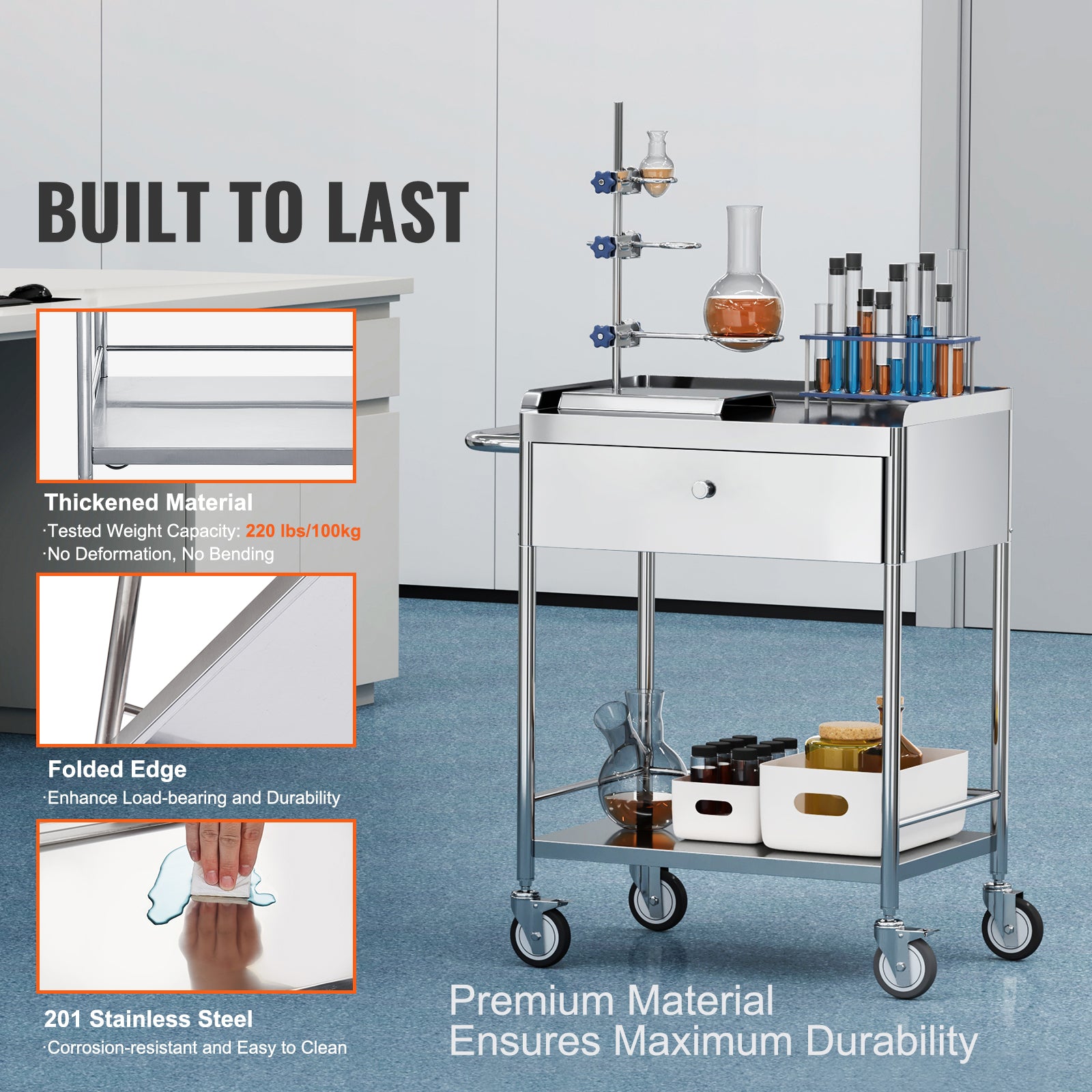 VEVOR Medical Cart, 2-Layer Stainless Steel Cart 220 lbs Weight Capacity, Lab Utility Cart with 360° Silent Wheels and a Drawer for Lab, Clinic, Kitchen, Salon