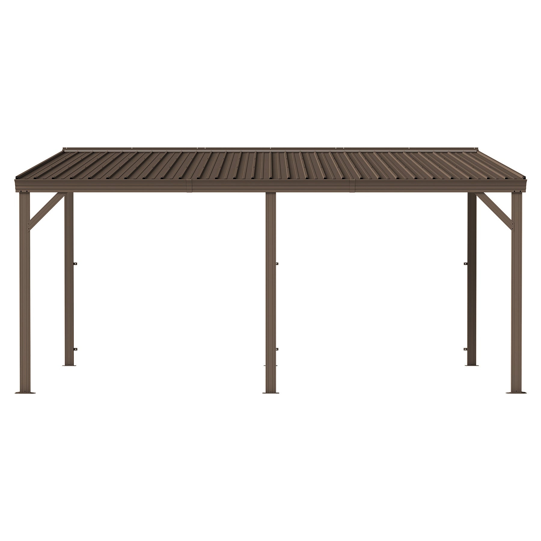 Hardtop Lean-To Gazebo 12x16 ft with Gutters, Connectable Wall-Mounted Steel Pergola, Brown