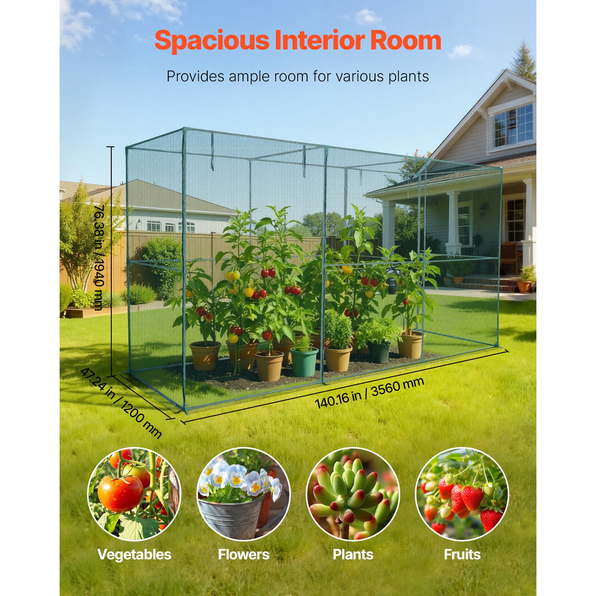 Crop Cage, 11.6 x 3.9 x 6.3 ft Plant Protection Tent with Zippered Door, Wind-Resistant Tall Crop Cage, Easy to Install, Outdoor Raised Bed Cover, Tomato Plant Netting for Garden Patio Lawn