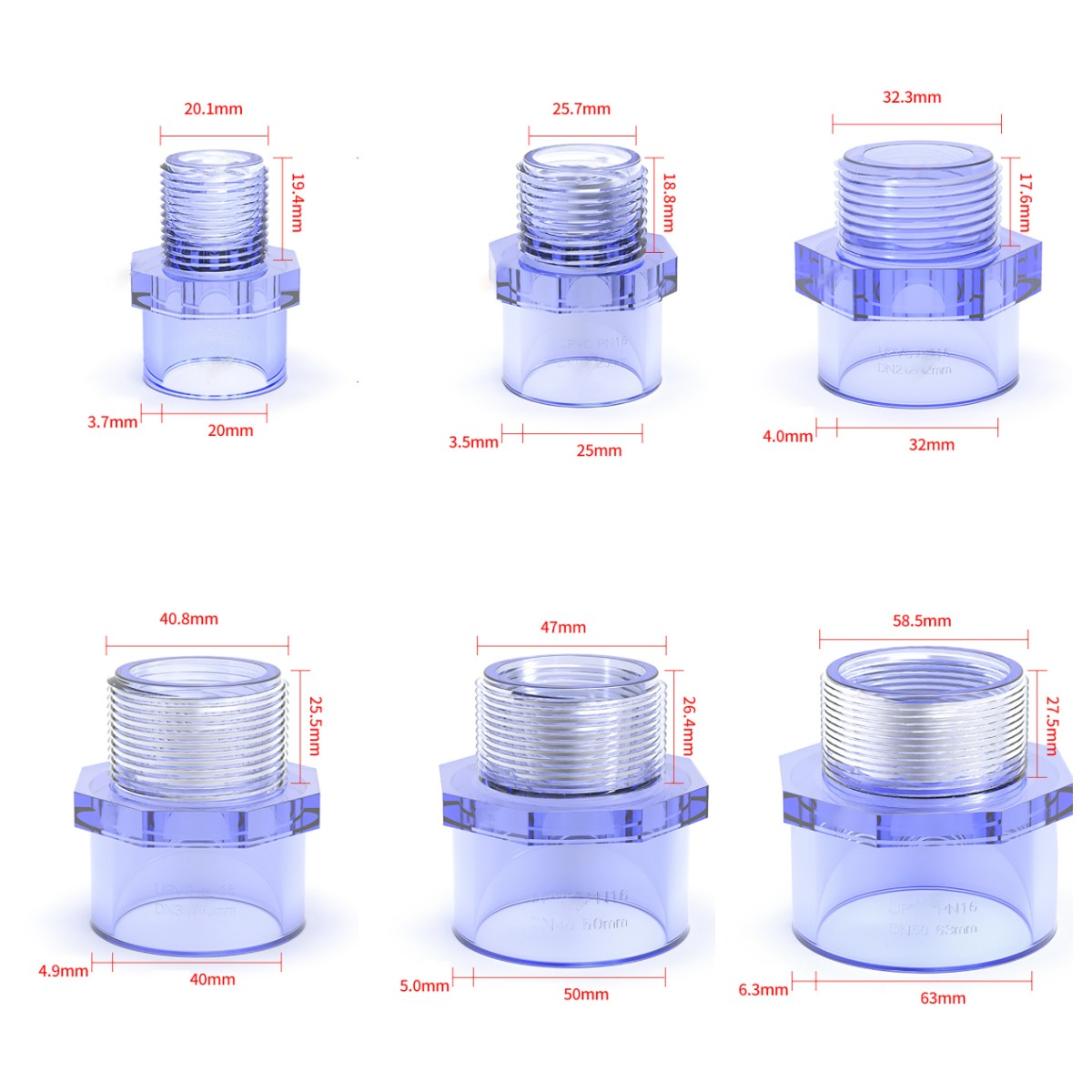 Transparent PVC Rohr Übergangsnippel Klebemuffe x Außengewinde Fittings 20-63mm