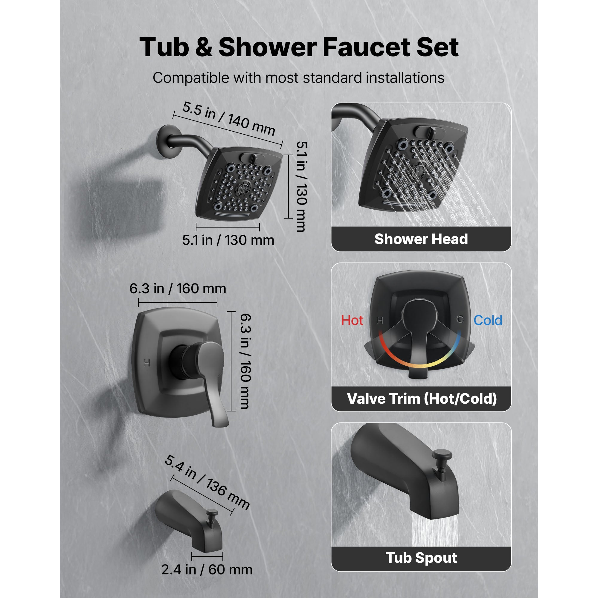 Complete Tub & Shower Faucet Set – 5.1" Rainfall Shower Head, 5 Spray Modes, Pressure Balancing Valve, Matte Black