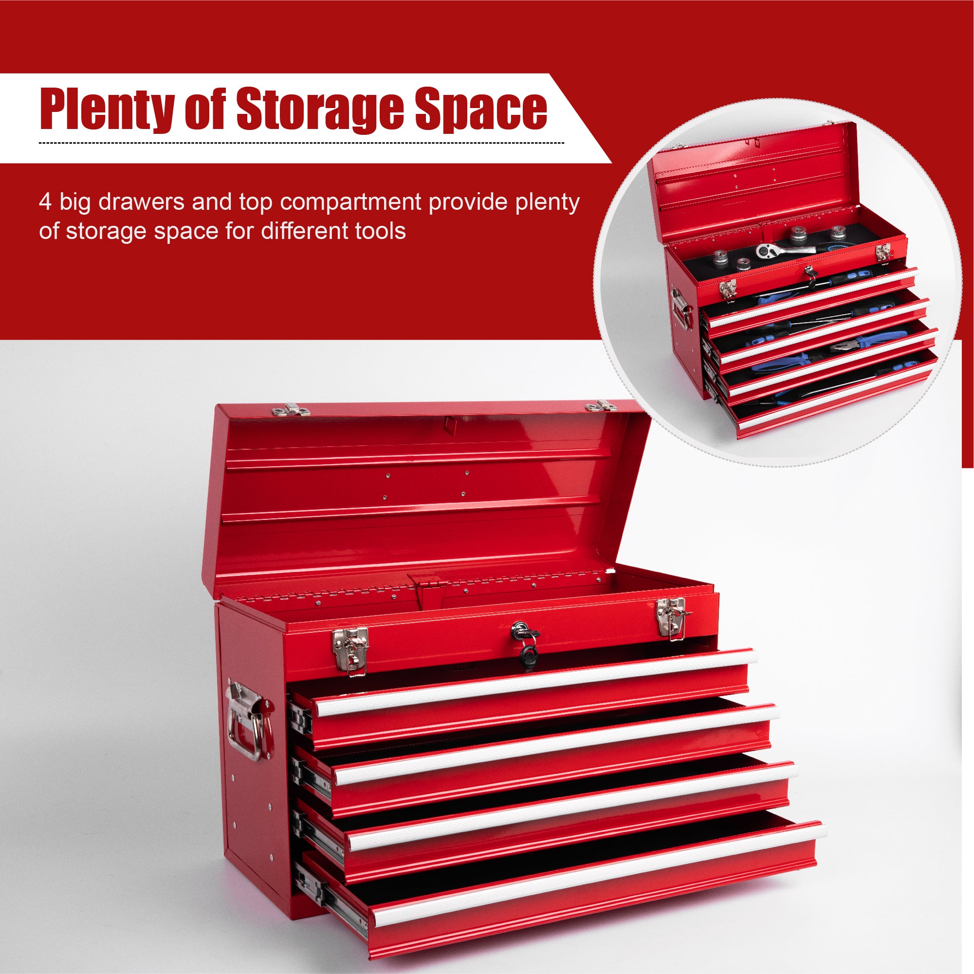 21" Heavy-Duty Red Steel Tool Box | 4 Smooth-Glide Drawers