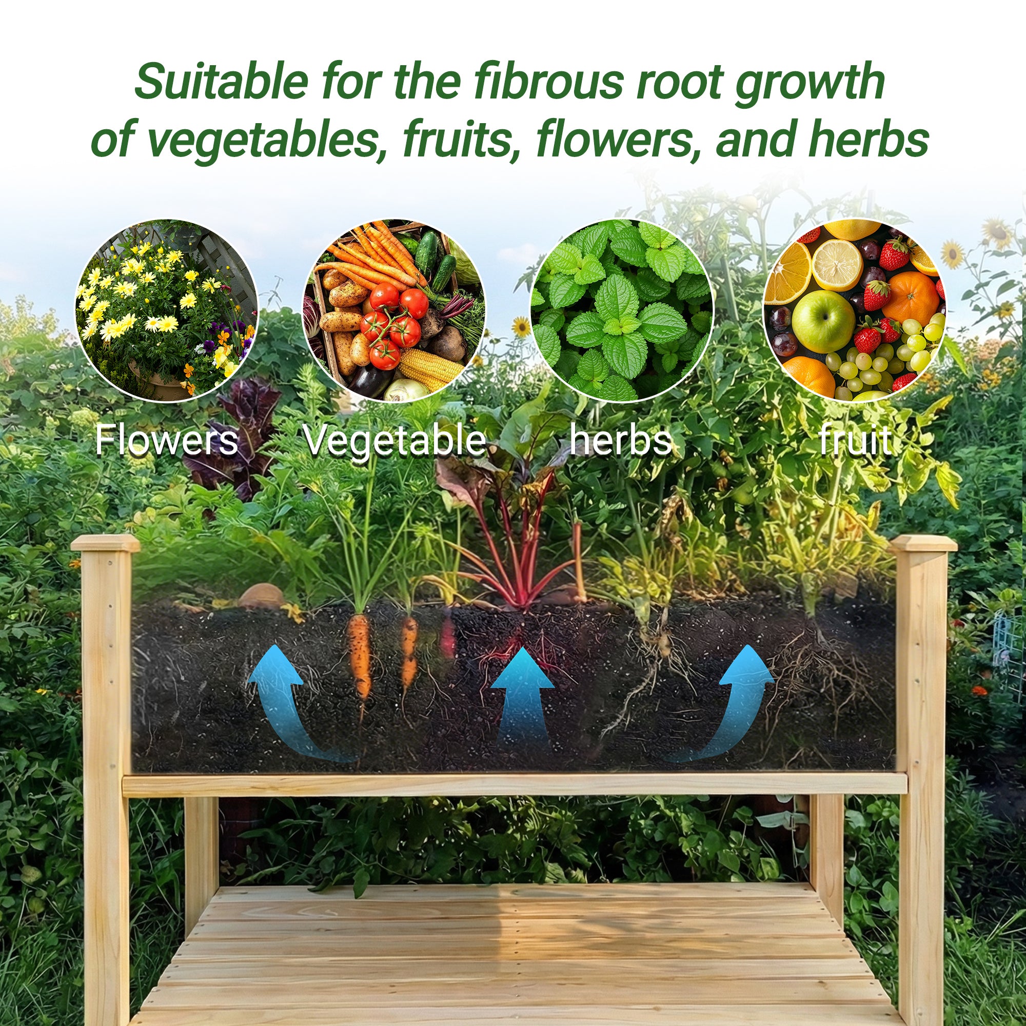 Raised Garden Bed 48x23x31.1" – Elevated Wood Planter with Water Collection Tray & Storage Shelf