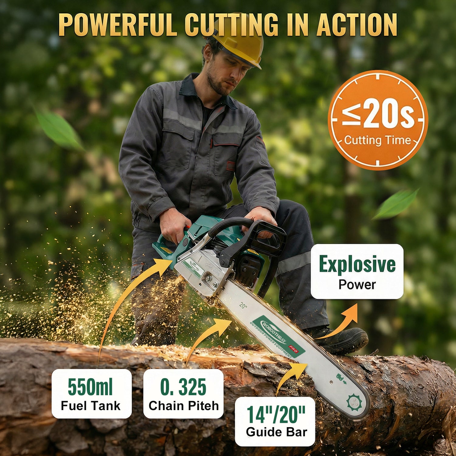 62CC 2-Stroke 14"+20" Gasoline Chainsaw Power Engine Wood Cutting Gas Chain Saw