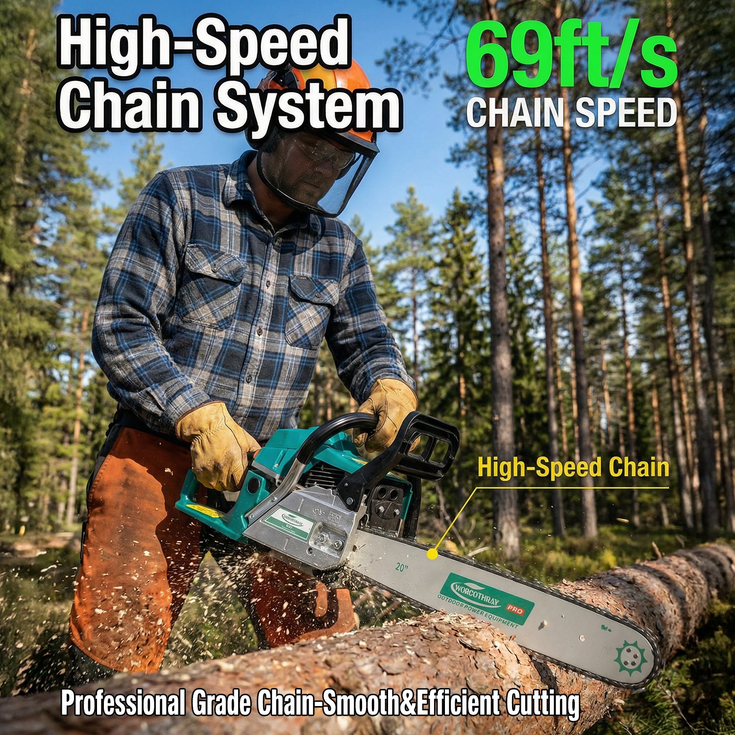 62CC 2-Stroke 14"+20" Gasoline Chainsaw Power Engine Wood Cutting Gas Chain Saw