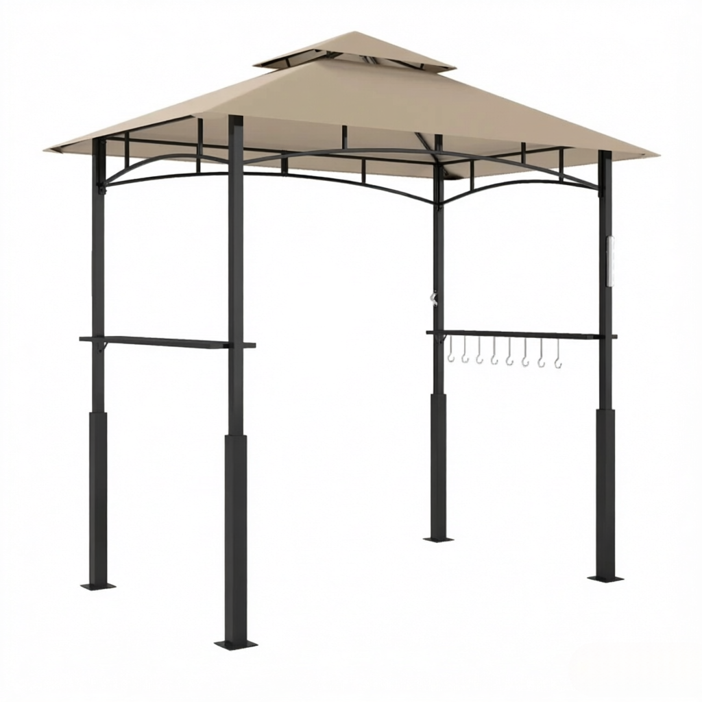 BBQ Grill Gazebo with Double-Tier Canopy, Side Shelves, 8 Hooks & LED Light, Fits Grills up to 59 in Wide, Khaki