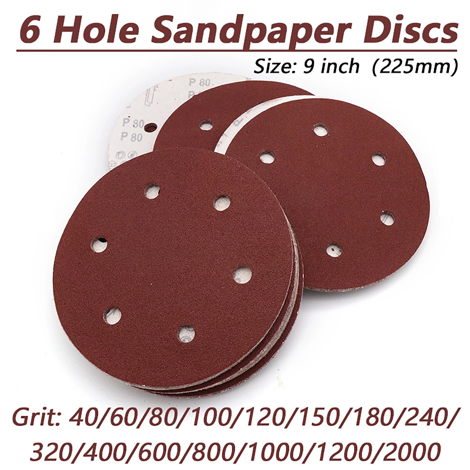 225mm 9 inch Sanding Discs 6 Hole Sandpaper 40/60-2000 Grit Orbital Sander Pads