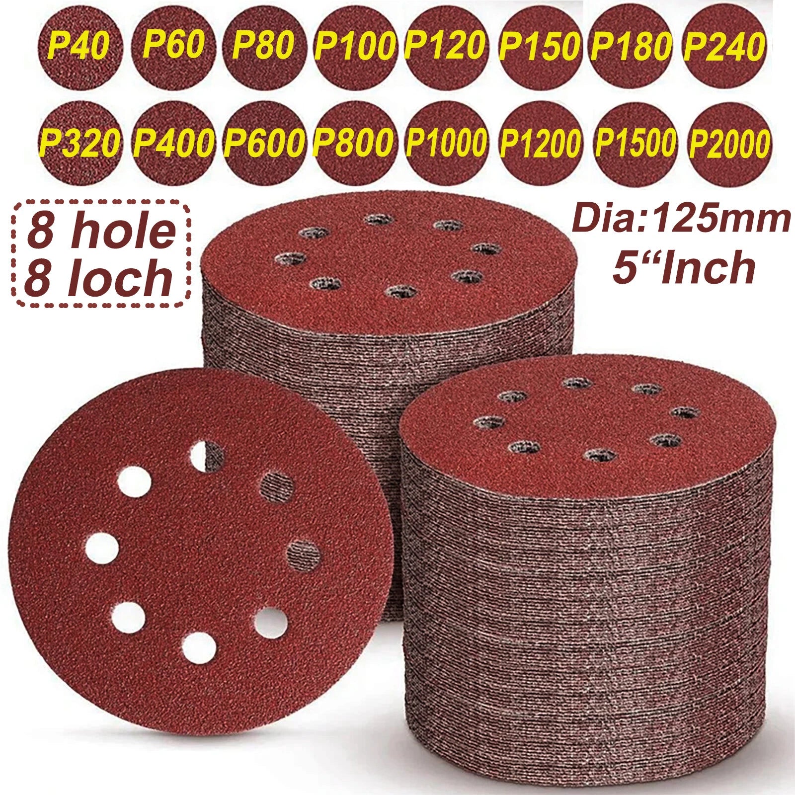5 Inch 125mm 6 Holes Red Sandpaper Sanding Discs Grinding Polishing 40-180 Grit