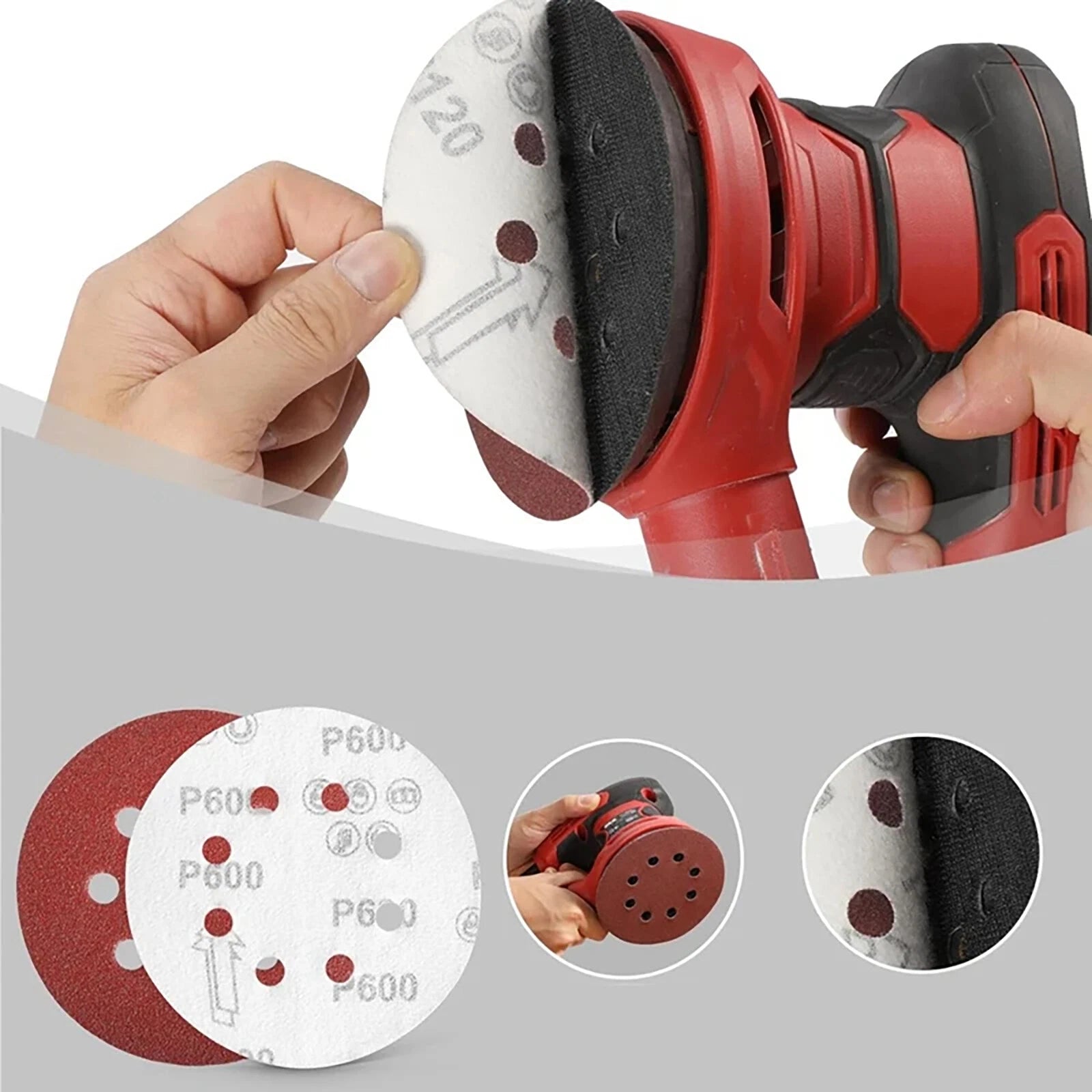 5 Inch 125mm 6 Holes Red Sandpaper Sanding Discs Grinding Polishing 40-180 Grit