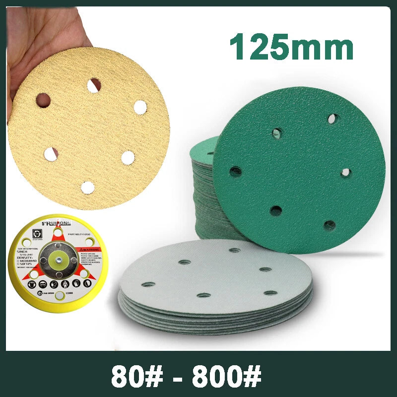 125mm Wet and Dry Sanding Discs 5" Sandpaper Hook and Loop Pads 6 Hole 80#-800#