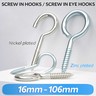 Screw-In Eye Hooks & Open Hooks — Nickel, Zinc & 304 Stainless, 16–106mm, All Sizes