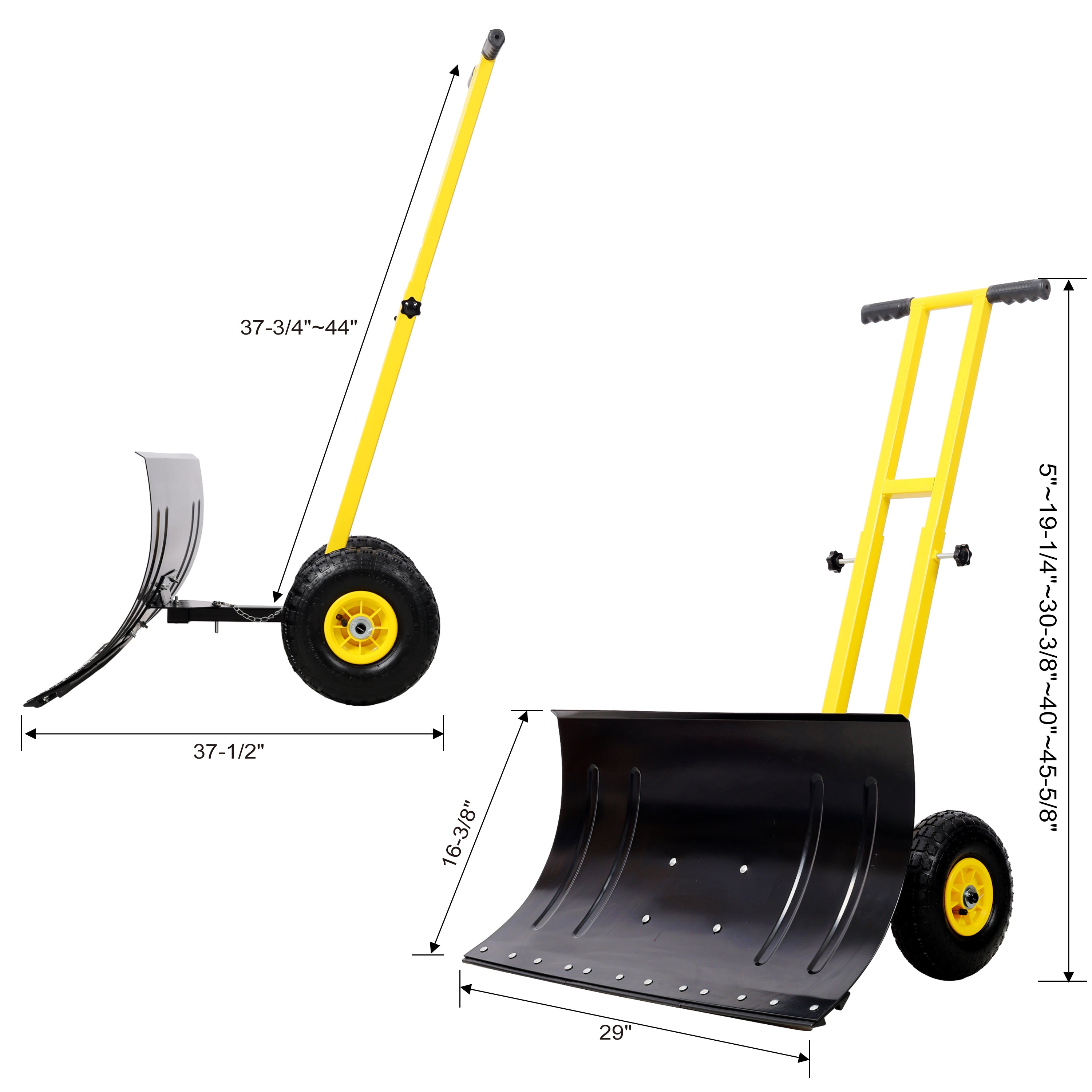 Dual Bar Snow Shovel with Wheels, Snow Pusher, Adjustable Length handle, Adjustable Angle Handle & Blade Snow Removal Tool, 29" Blade, 10" Wheels,Yellow