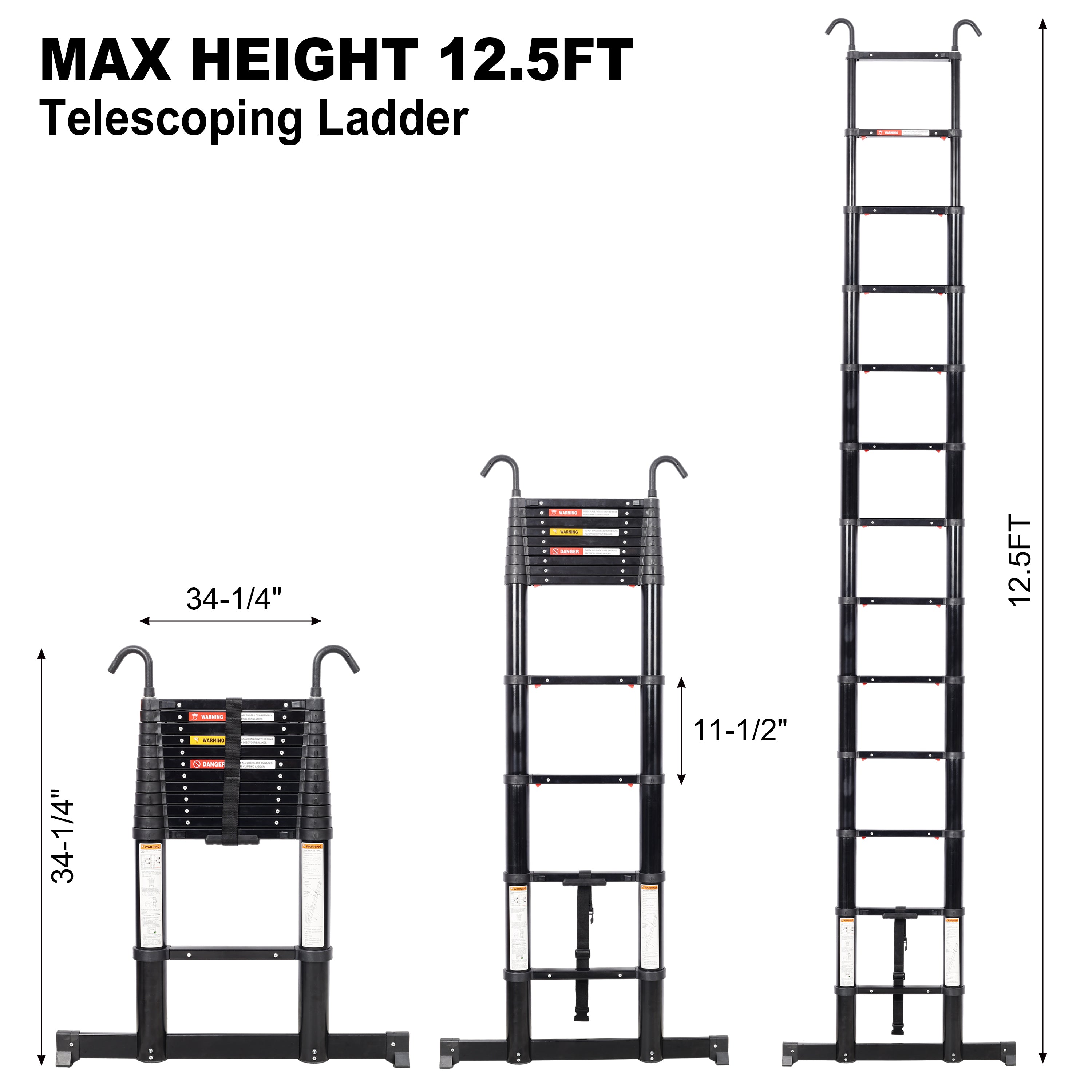 12.5FT Telescopic Aluminum Ladder — 330 lb Capacity, Slow‑Down Safety, Stabilizer & Hooks, Black