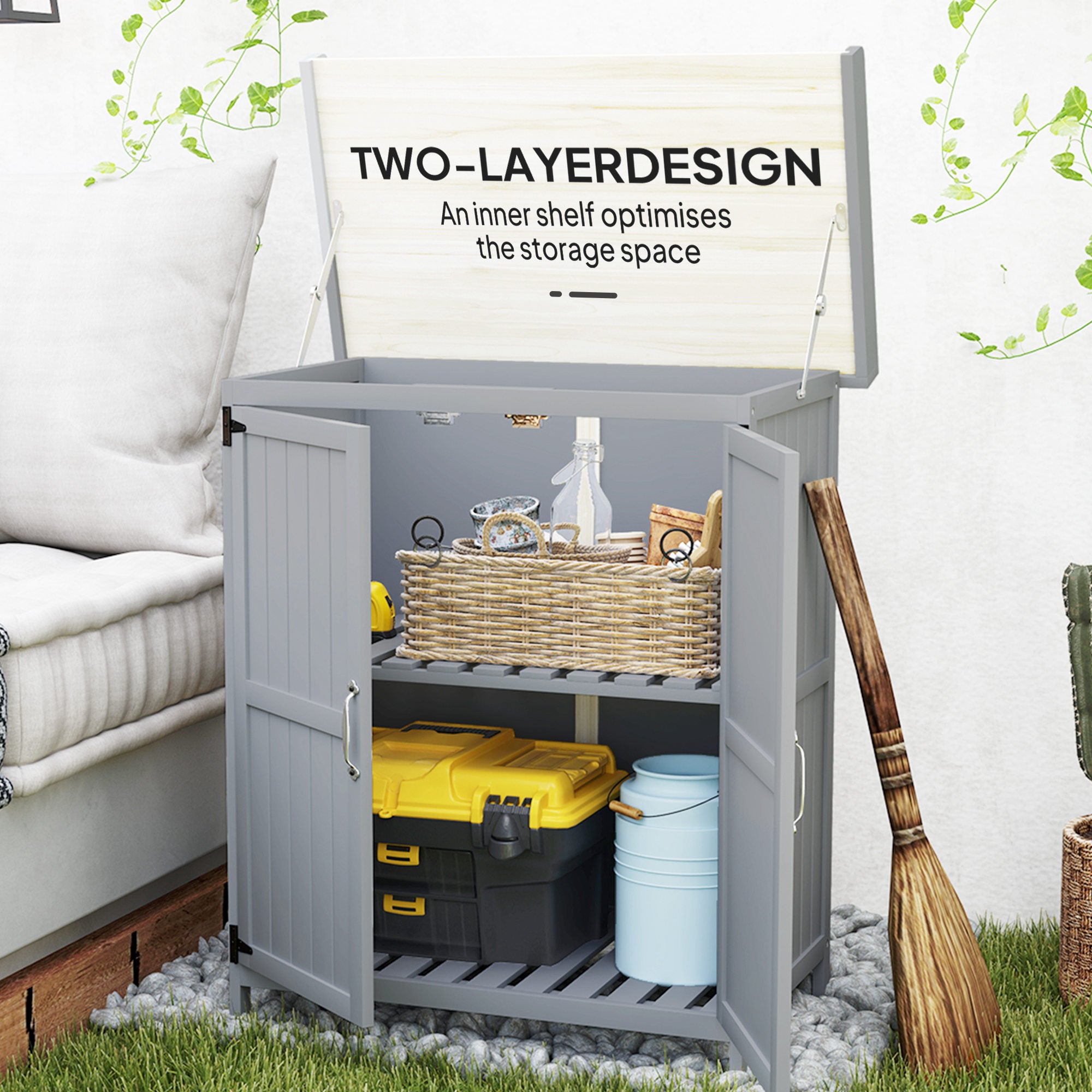 Wooden Potting Bench with 2 Doors,Outdoor Storage Cabinet,Garden Tool Shed with Metal Tabletop and Shelf