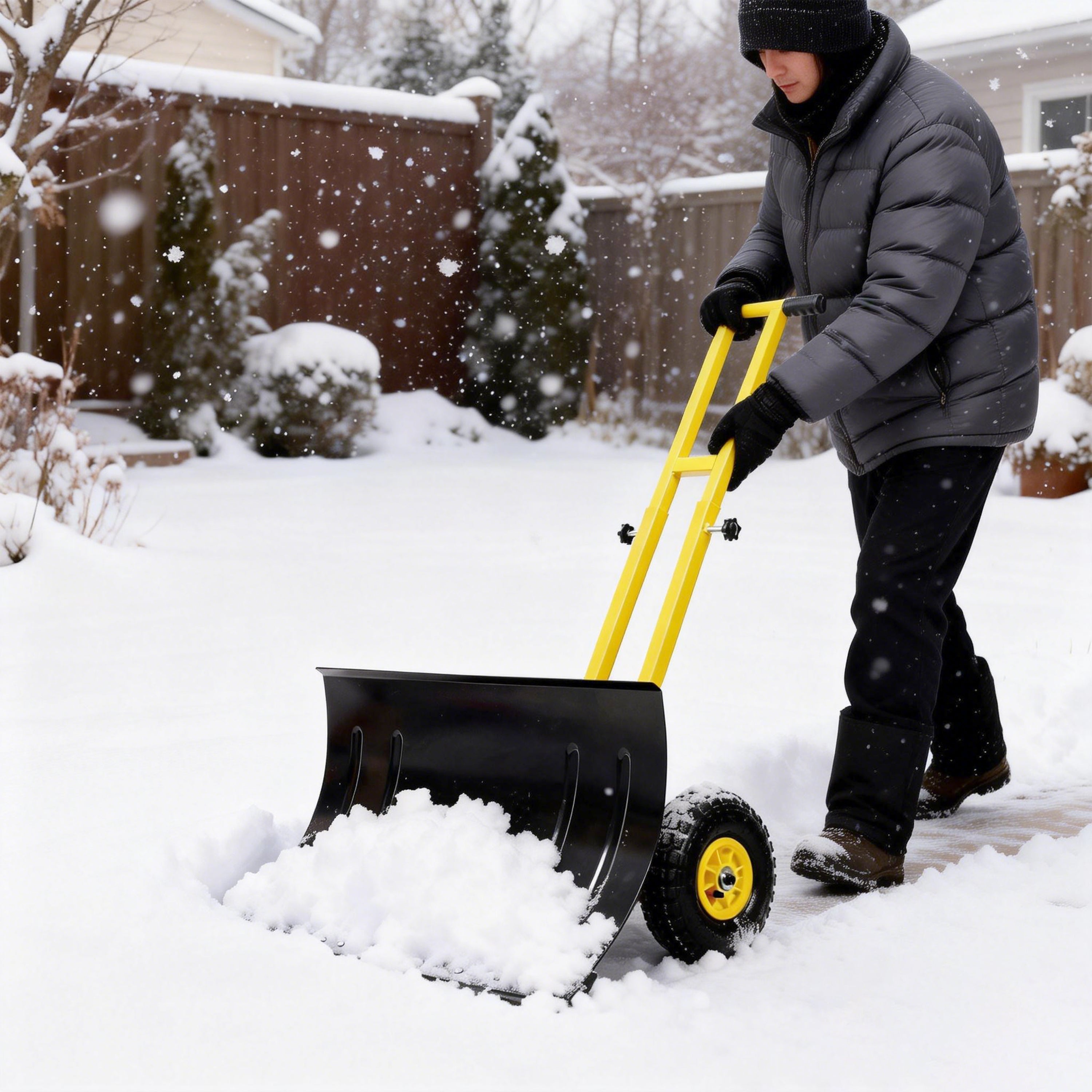 Dual Bar Snow Shovel with Wheels, Snow Pusher, Adjustable Length handle, Adjustable Angle Handle & Blade Snow Removal Tool, 29" Blade, 10" Wheels,Yellow