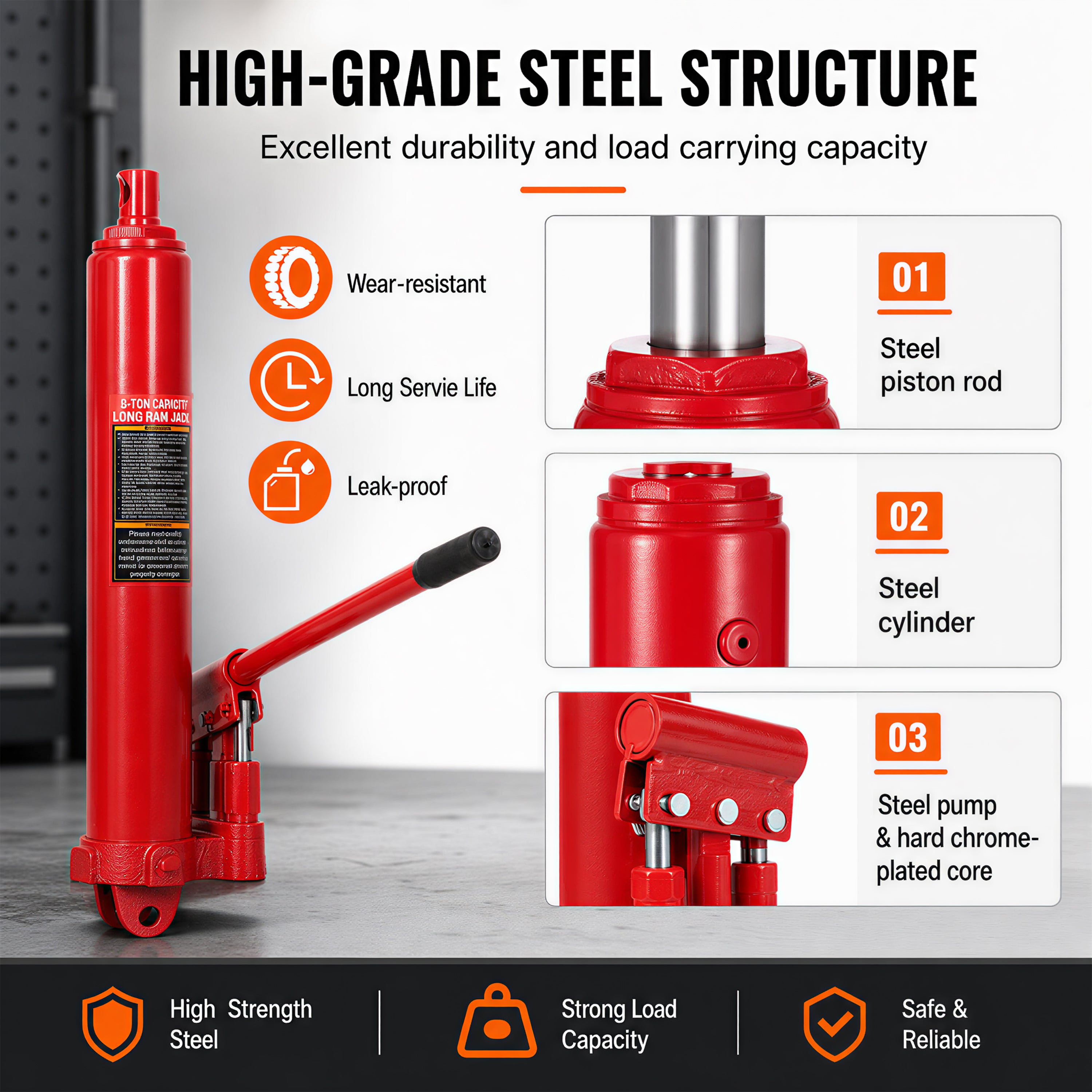 8 Ton Hydraulic Long Ram Jack with Clevis Base, Single or Dual Piston Pump, 16,000 lb Capacity, Fits Engine Hoists & Shop Cranes, Red
