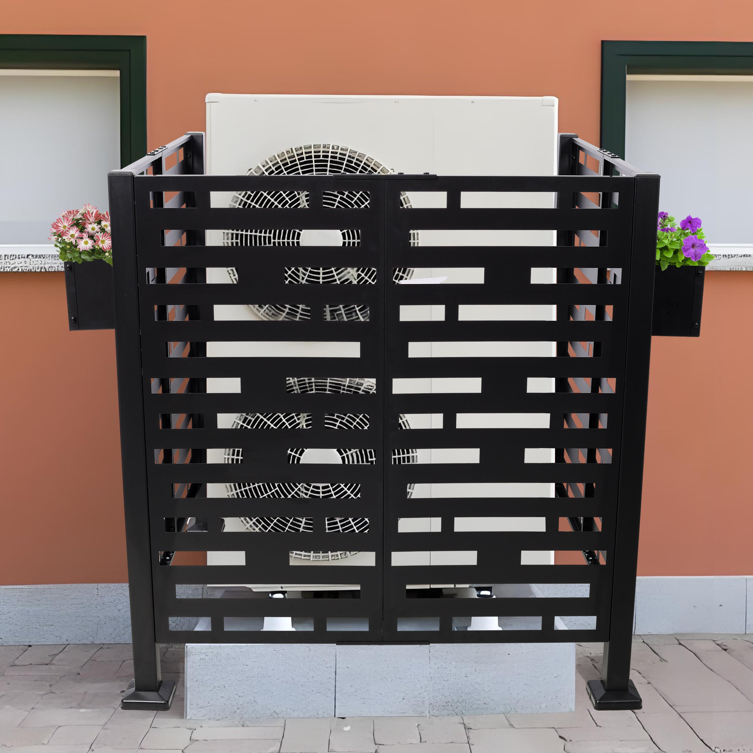3.5 x 3.5 FT Metal Privacy Fence with Planter Boxes — AC Unit & Trash Can Enclosure, Black