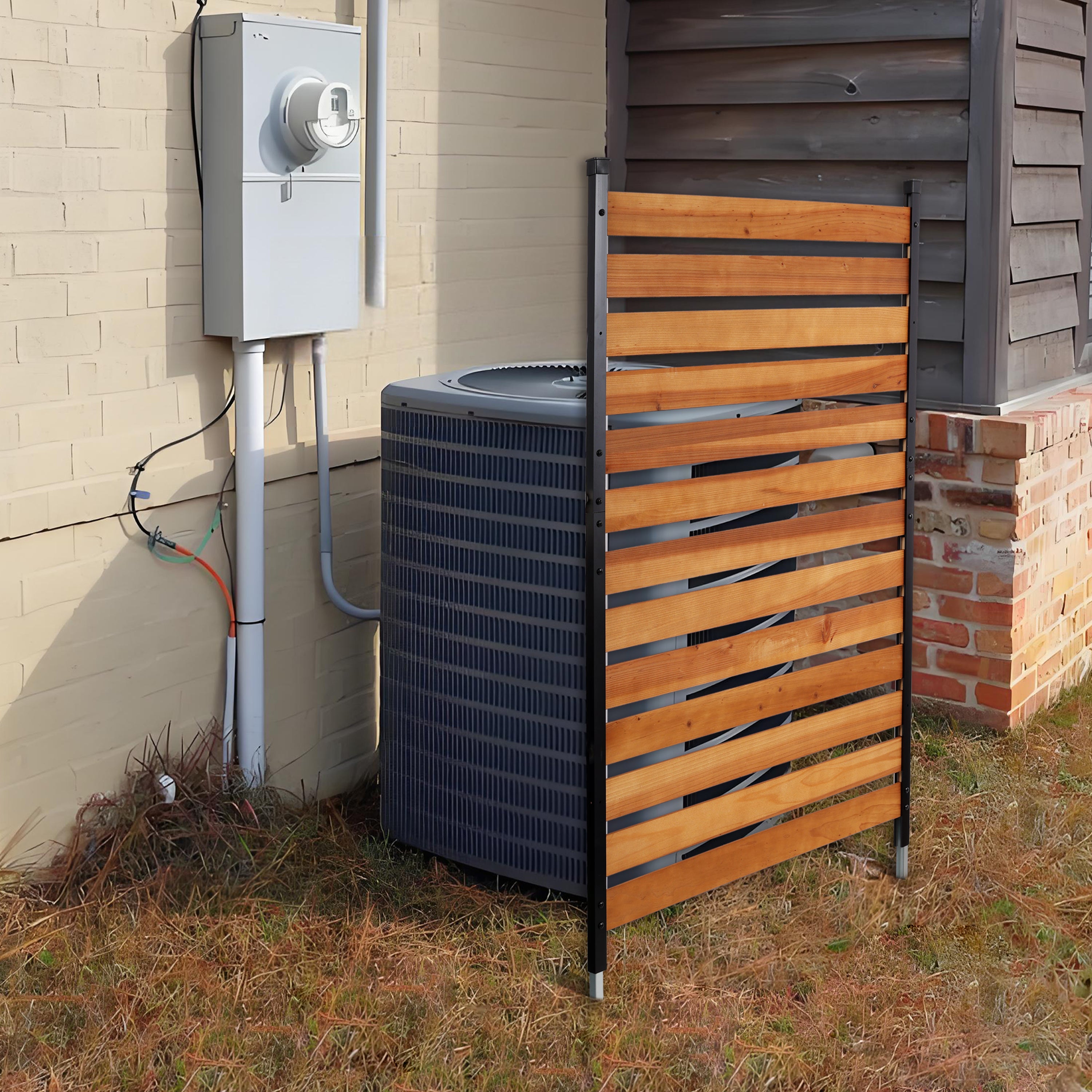 38" W x 76" H Solid Wood Outdoor Privacy Screen — AC Fence, Trash Can Enclosure, Freestanding Brown Panel