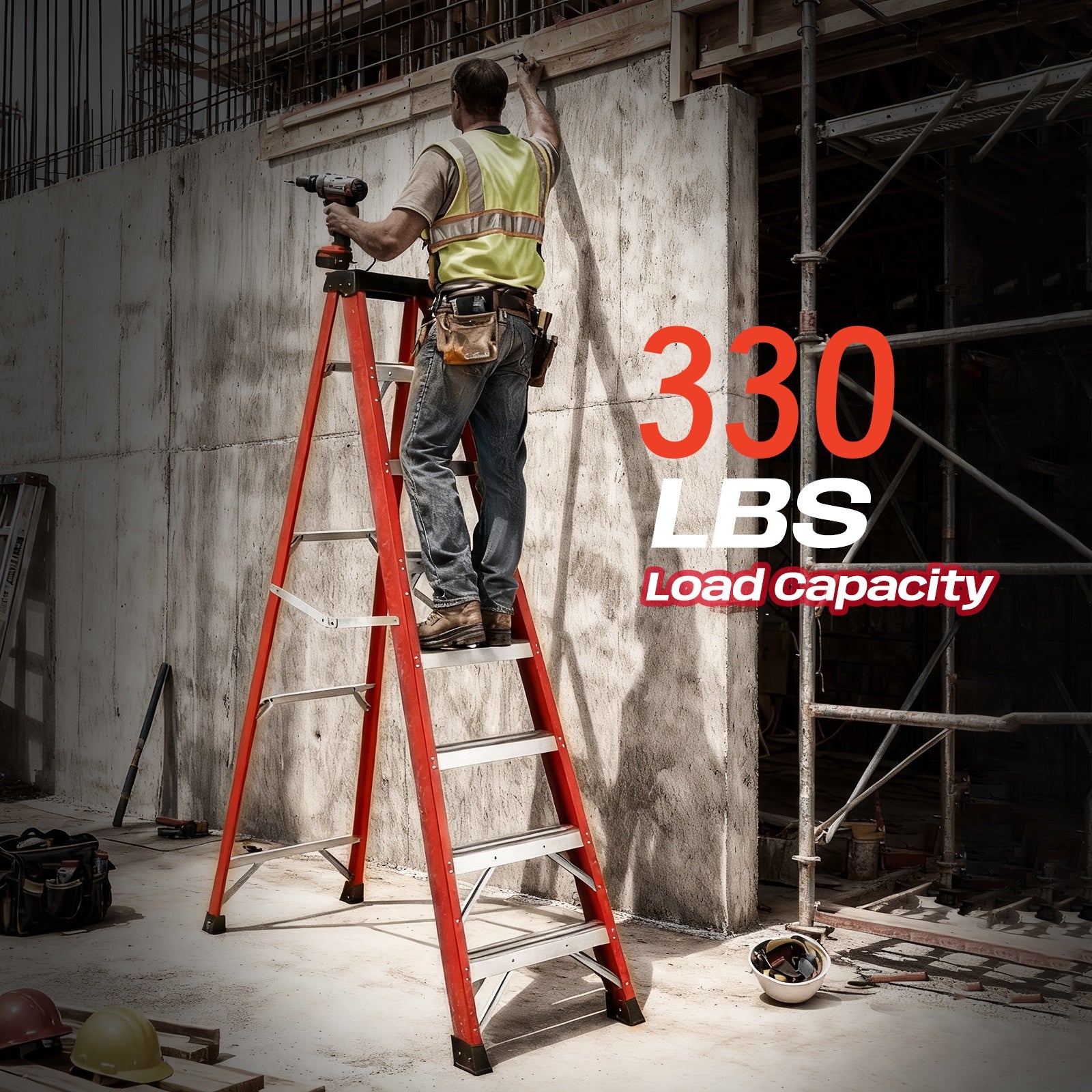 Fiberglass Step Ladder — 330 lb Capacity, Non‑Conductive, Safety Red, 11" Step Spacing