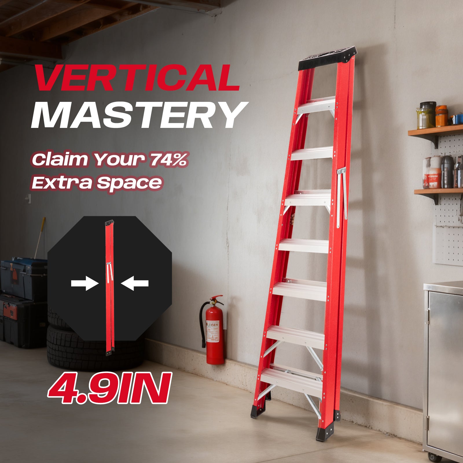 Fiberglass Step Ladder — 330 lb Capacity, Non‑Conductive, Safety Red, 11" Step Spacing