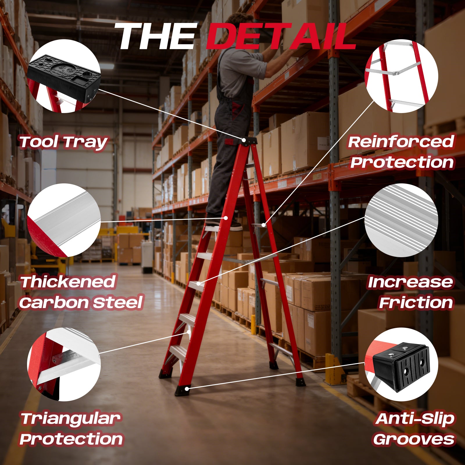 Fiberglass Step Ladder — 330 lb Capacity, Non‑Conductive, Safety Red, 11" Step Spacing